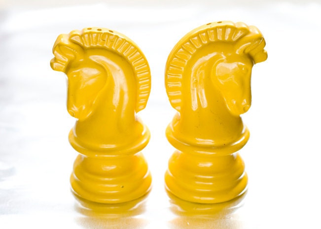 Pair of Yellow Ceramic Horse Head Salt & Pepper Shakers
