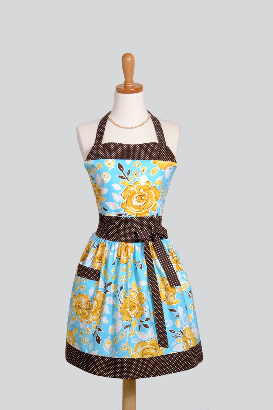 Womens Bib Apron - Yellow and Blue Tea Darjeeling Large Painted Floral with Brown Accents and Polka Dots