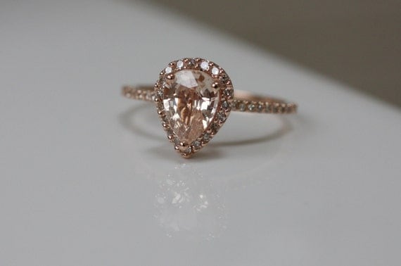 Peach champagne tear drop sapphire and rose gold diamond ring-1st payment - on hold