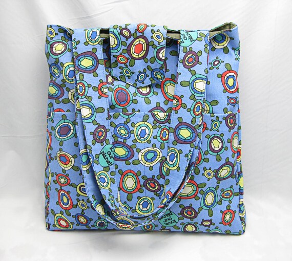 ON SALE Blue canvas tote bag zippered inner pocket-tortoises