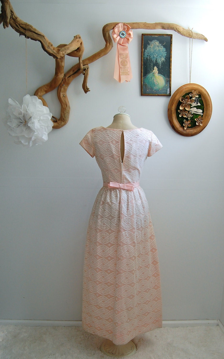 The Vera- Vintage 1960s Pale Pink & White Lace Gown