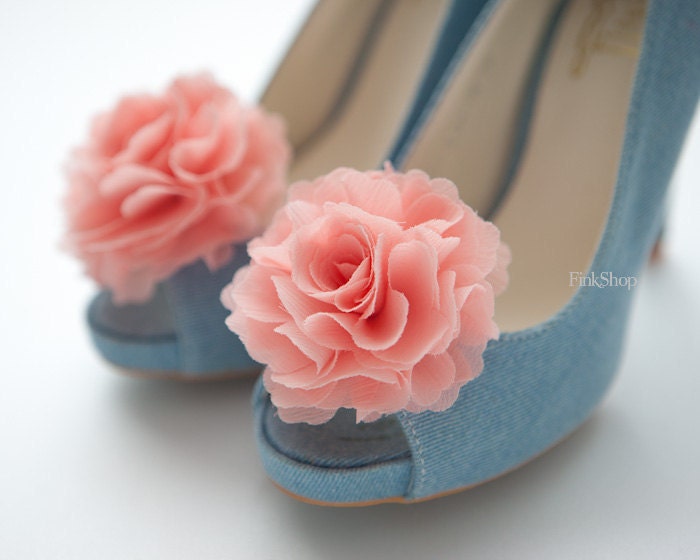 Ruffle Chiffon Flower shoe clips, Peach pink, Light Coral pink