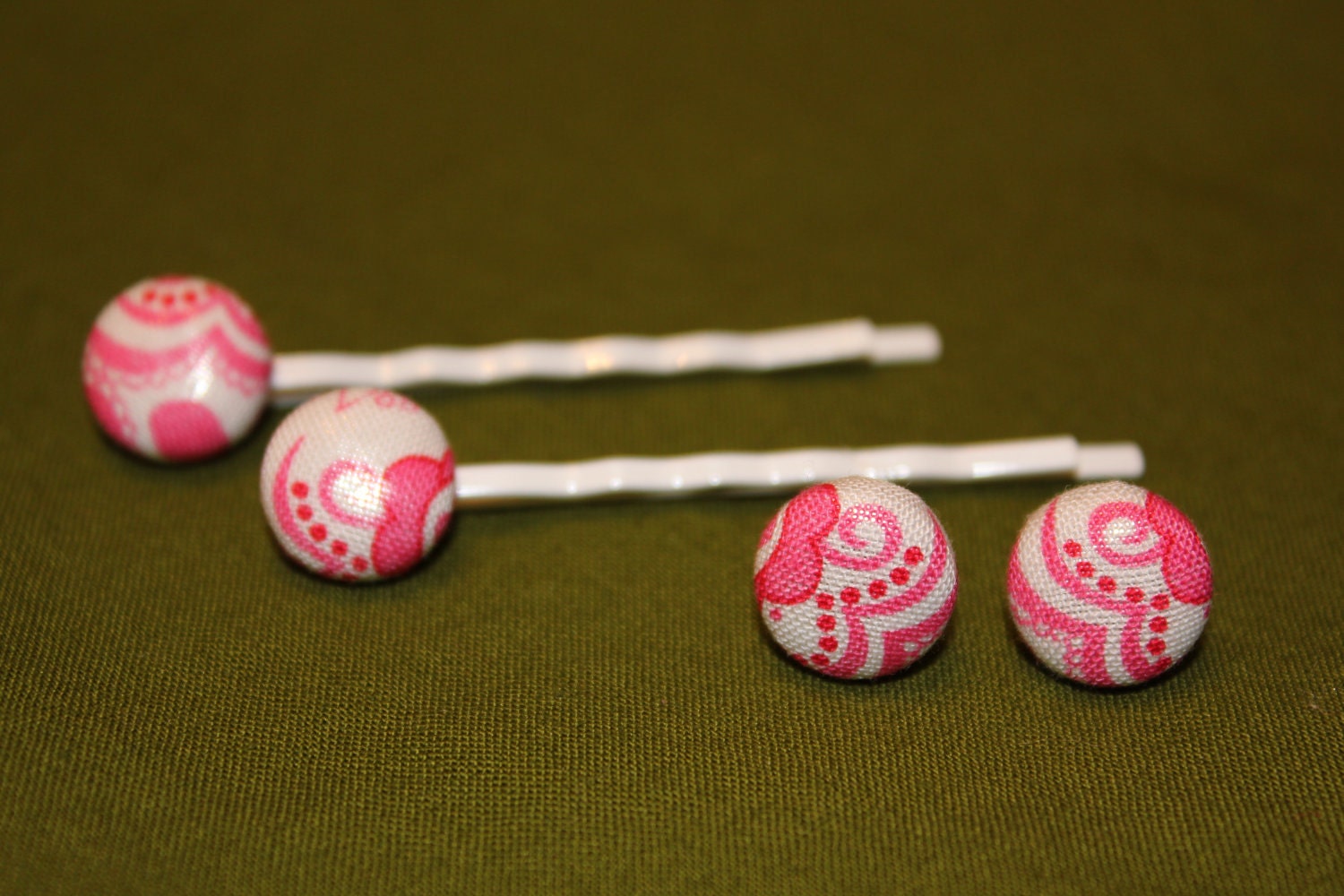 Set of Pink Fabric Button Earrings & Bobby Pins
