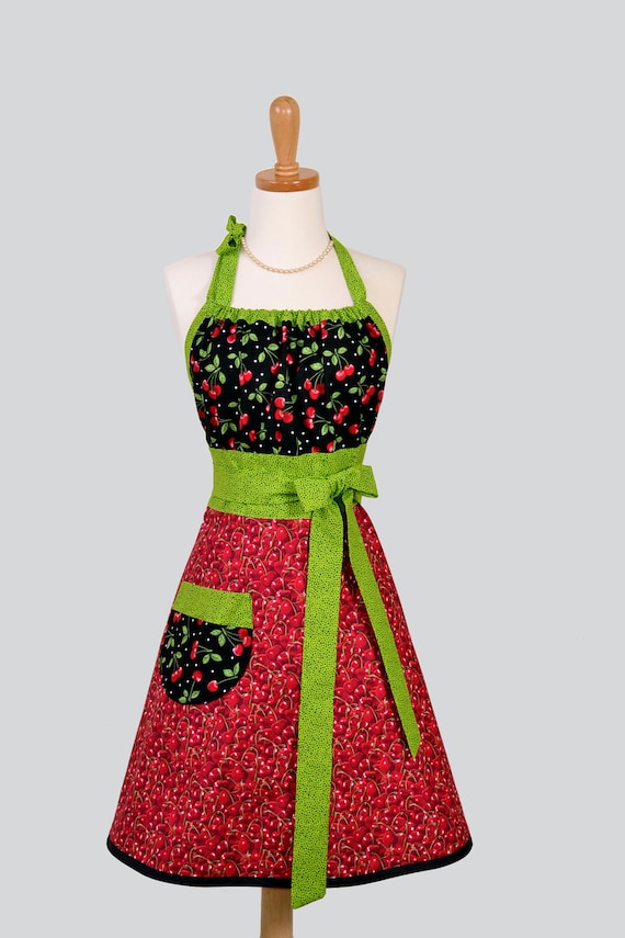 Cute Kitsch Apron : Modern Design in Retro Red Cherries with Black and Green