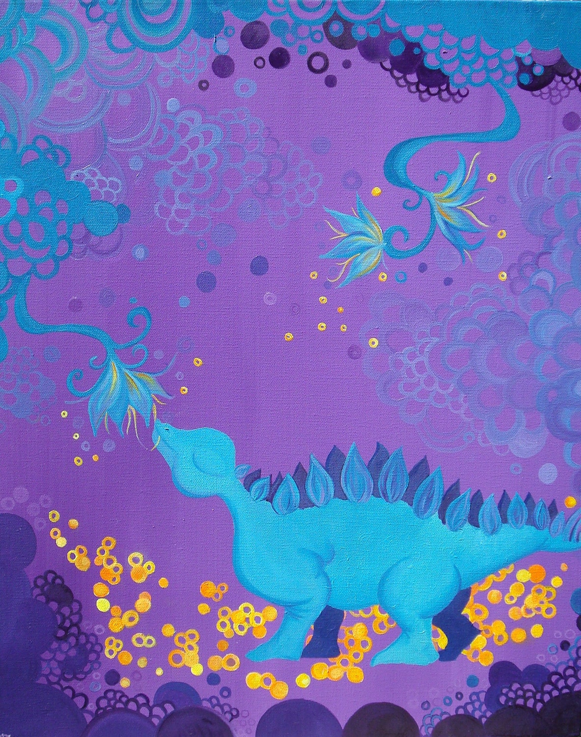 Teal Stegosaurus Original Oil Painting on Canvas: " Steggy Brunch"