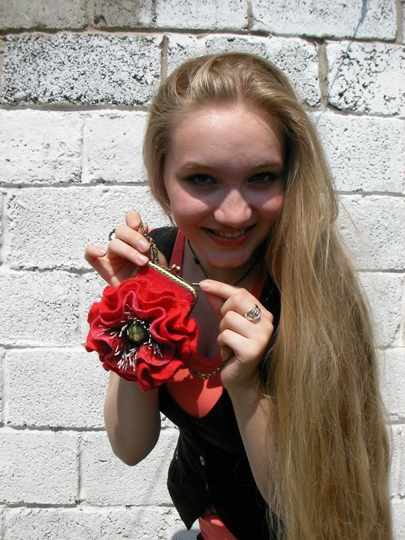 Miniature felted purse with flower Red Poppy, Petite handbag, wool