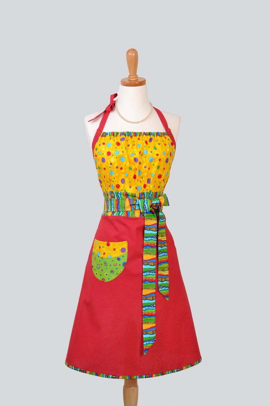 Cute Kitsch Apron , Modern Design Timeless Treasures Retro Dots and Red Pin Dots