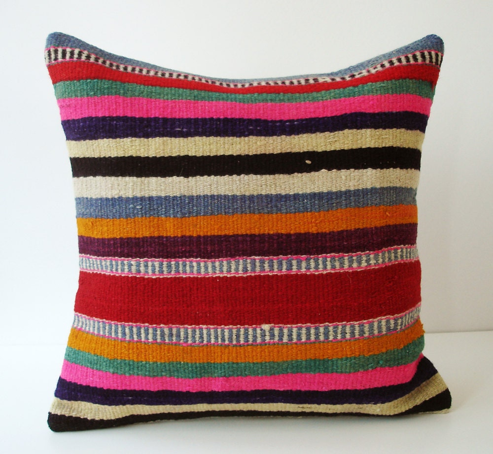 Sukan / SOFT Hand Woven - Turkish  Kilim Pillow Cover - 16x16