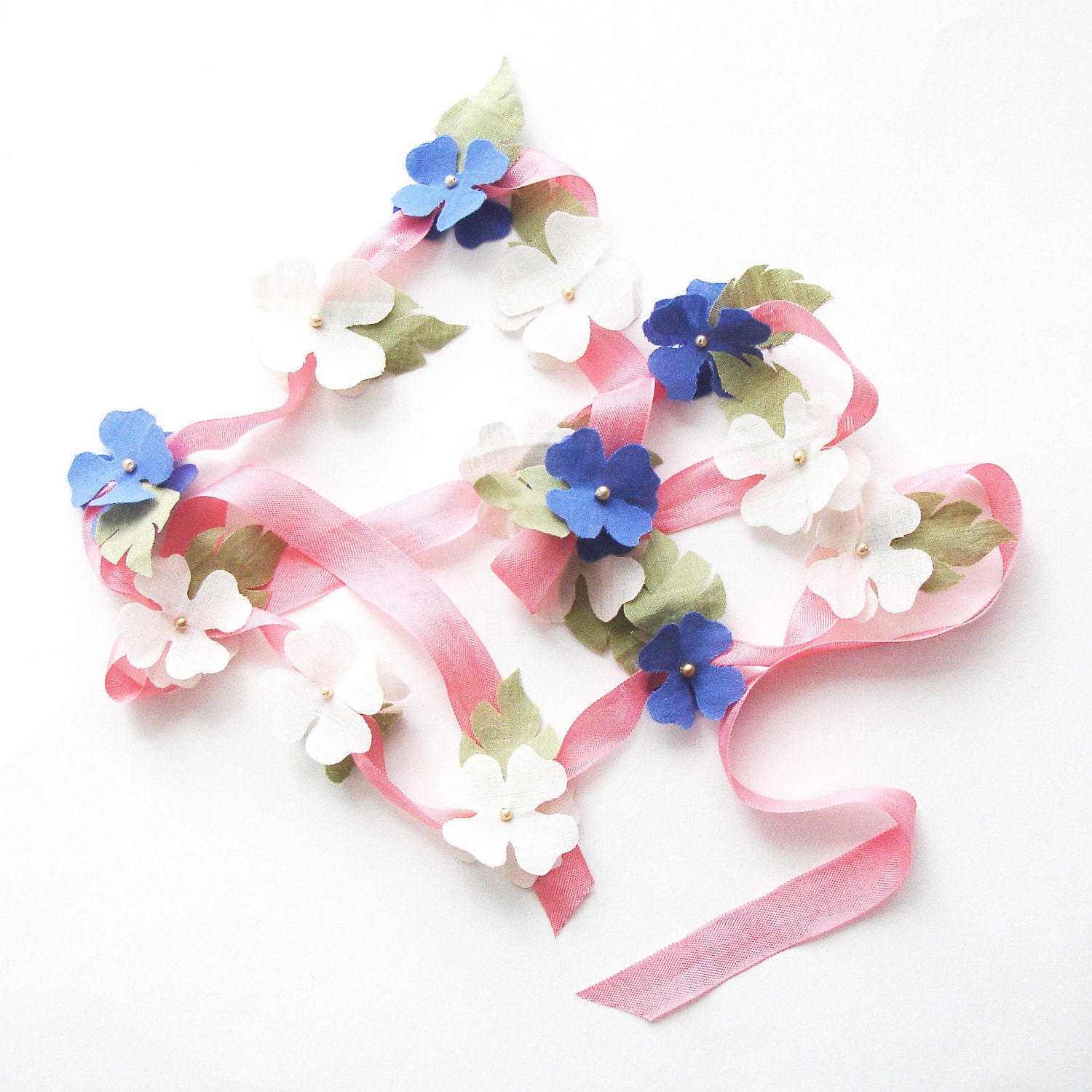 Fabric Flower Garland in fairtrade organic cotton and vintage ribbon - pink/ivory/indigo