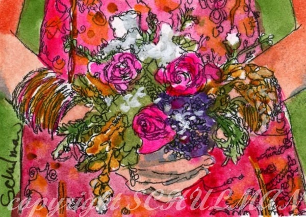 Wedding Keepsake, Order an original ACEO watercolor painting of bridal bouquet or bridesmaid's flowers