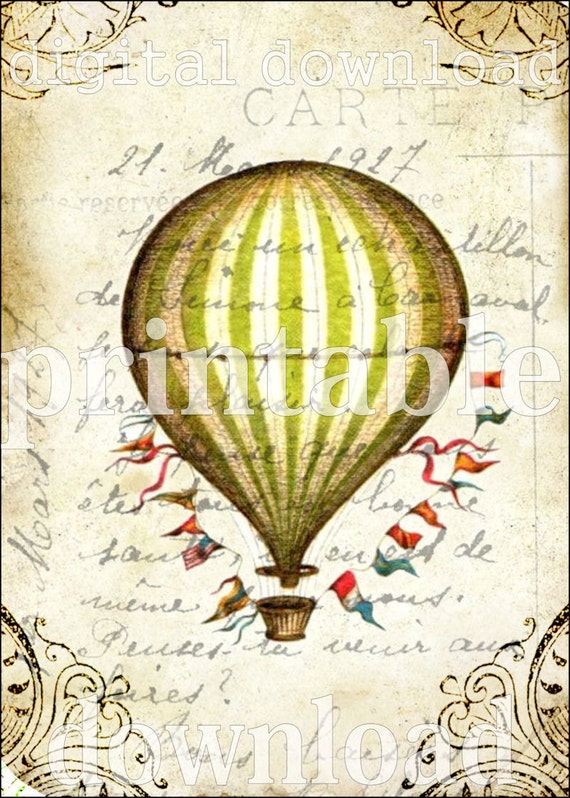WHiMSiCaL striped Hot Air Balloon ViNTaGe DeSiGN Digital Collage Sheet download scrapbooking wall home decor supplies graphics
