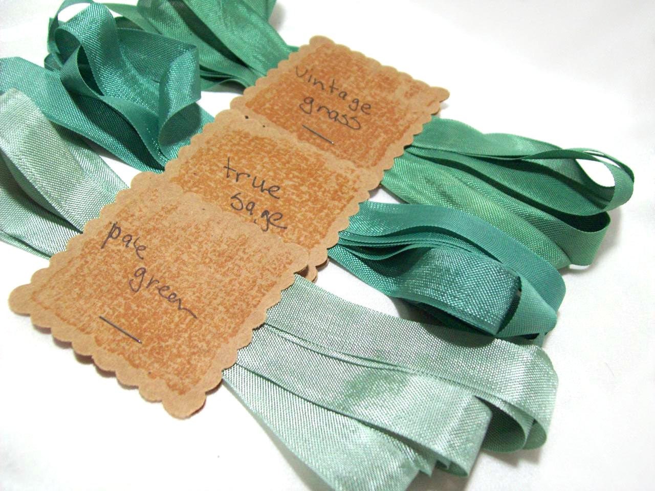 Seam binding in true sage, vintage grass green, and pale green- 3 yards each, totaling 9 yards