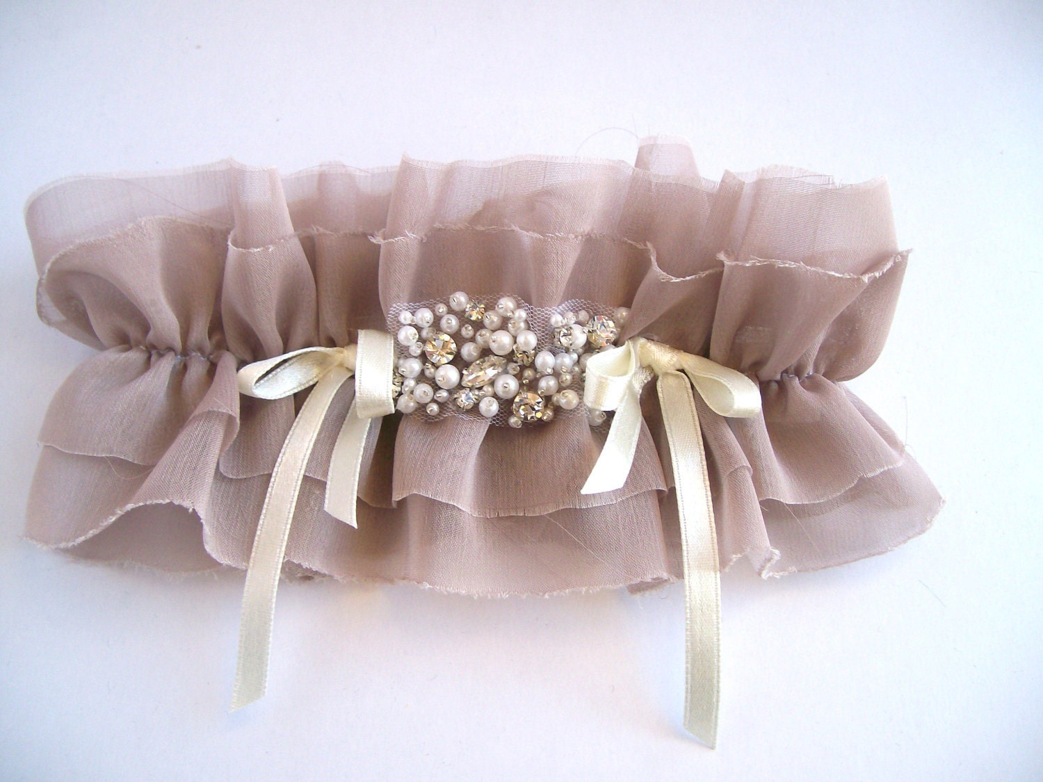 Champagne Chiffon Garter with Ivory Satin Bows and Crystals and Pearls centerpiece SET