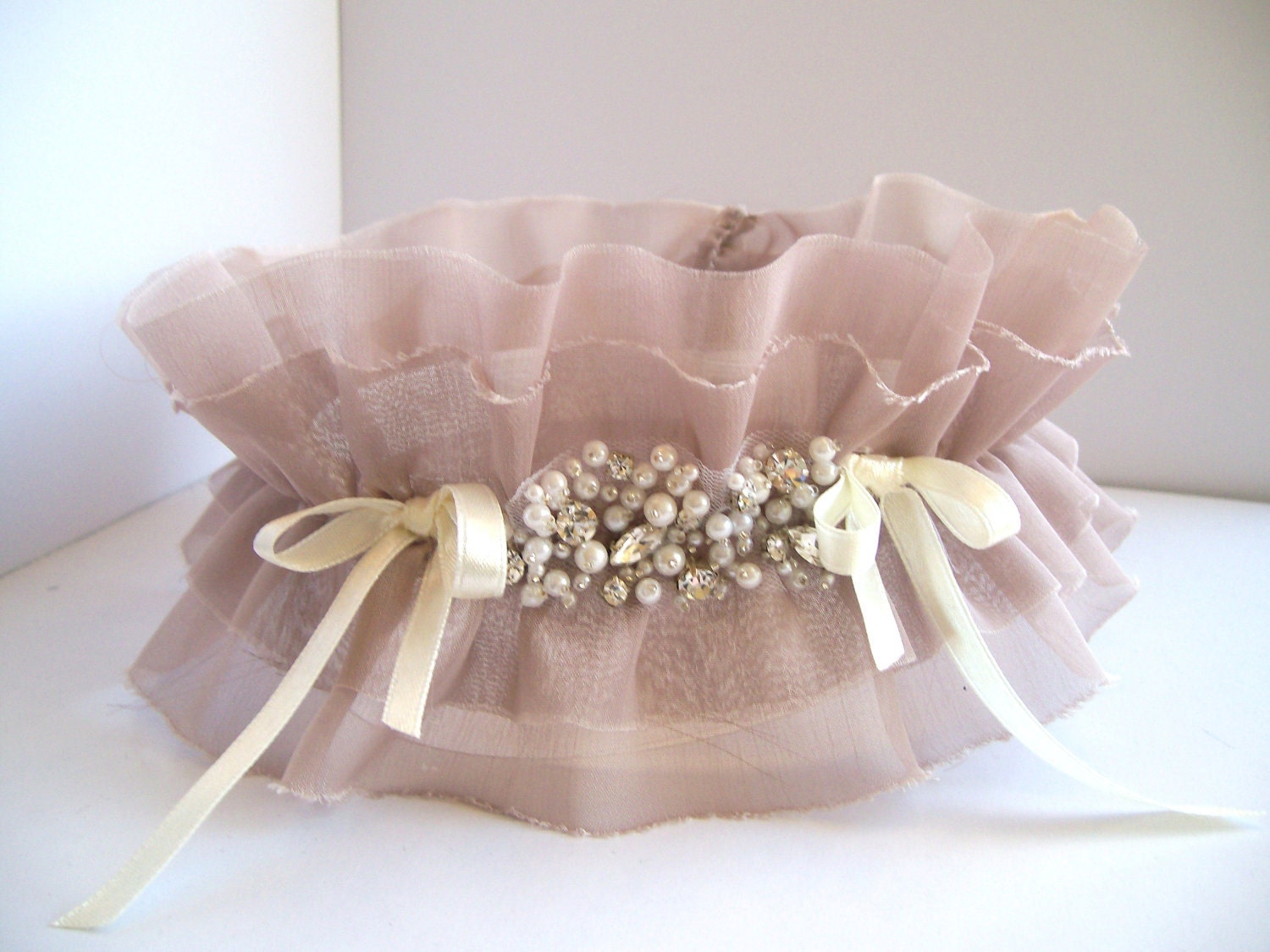 Champagne Chiffon Garter with Ivory Satin Bows and Crystals and Pearls centerpiece SET