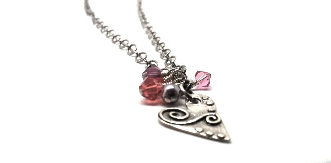 Necklace Long Heart Charm Handmade in Sterling Silver and Lilac, Amethyst, Red, Pink and Honeysuckle