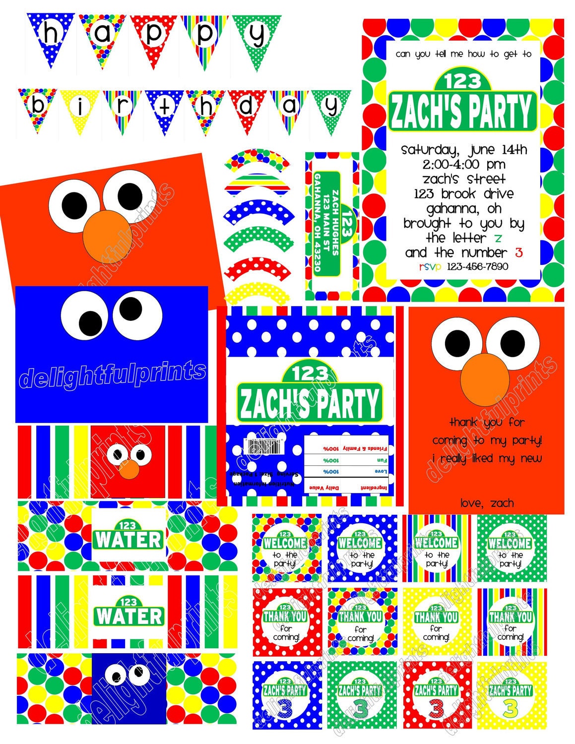HUGE Sesame Street inspired party.. customized invite, thank you card, banner,  2" circles, water bottle, cupcake wrappers, & more