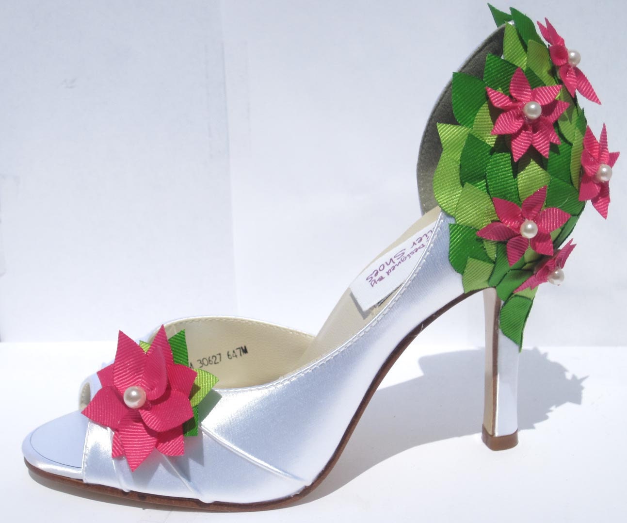 Stephanie D'Orsay Wedding Heel in White Satin with Pink Flower Adornments and Multi-Color Leaf Detail