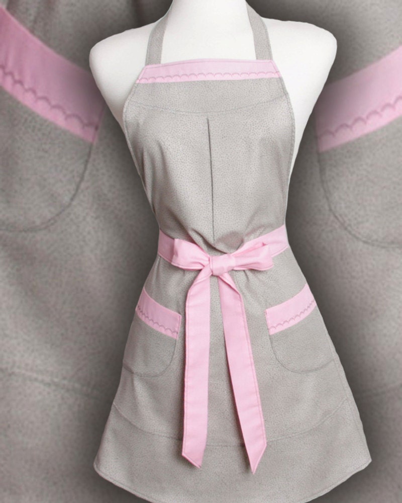 Vintage inspired Apron a Retro Style Gray on Gray spots trimmed in solid Pink