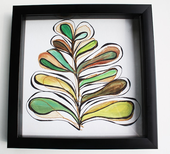 Original Mixed Media Gouache Abstract Fern Painting with Embroidery 8x8