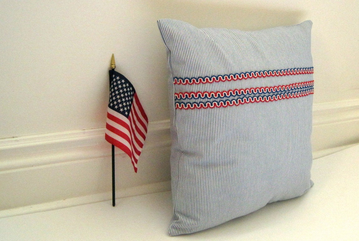 vintage ticking Americana pillow sham cover / handmade red white and blue flag inspired home decor for July 4th