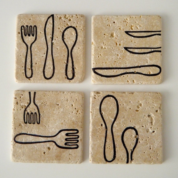Knife, Fork, Spoon, Set of 4 Natural stone travertine tile coaster