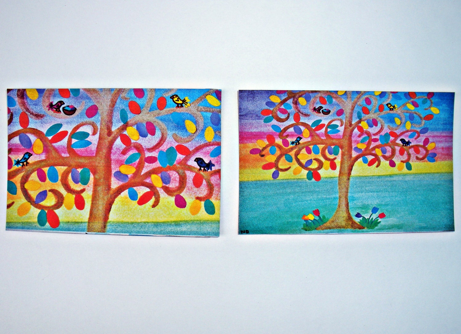 Set of 2 Magnets Tree at Sunset with Colorful Birds and Rainbow Leaves