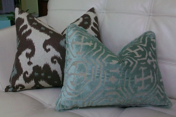 Decorative Designer Lumbar Pillow Cover 16X20 - IKAT PRINT- Chocolate Brown and aqua on natural background