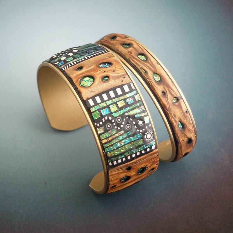 2 Iridescent Mosaic Brass Cuff Bracelets