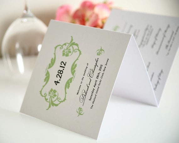 Lavish Ornament Tri Fold Wedding Programs Sample in Garden Green on Pearl Shimmer Luxury Cardstock