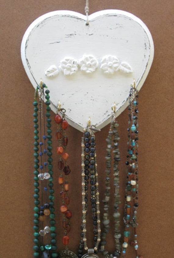 Cream Shabby Chic heart Necklace Holder Jewelry by tammnoony