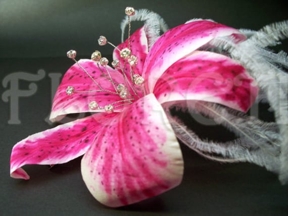 Bridal Pink Stargazer Lily Hair Clip Veil Fascinator by Floretii 