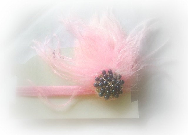 Pink Black Pearl Swarovski Crystal Bling Hair Clip Elastic Headband Feathers Glam Diva Fits Ages Newborn through Adults