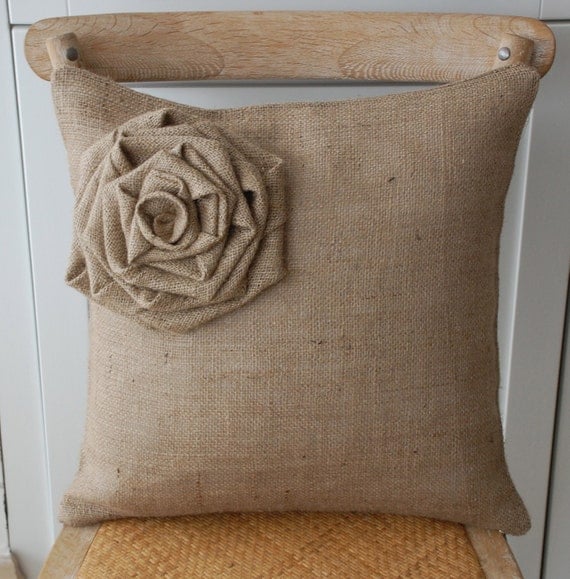 Burlap flower pillow cover