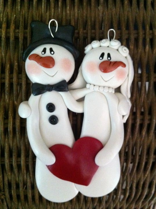 Newlywed Personalized Polymer Clay Snowman Christmas Ornament