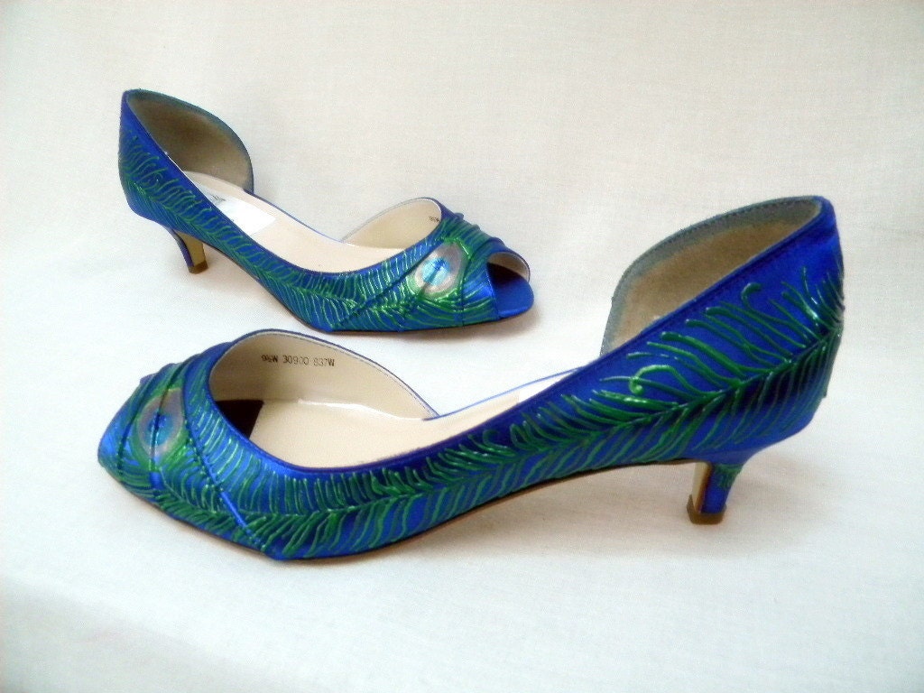 Wedding Shoes peacock feather painted low heel  peep toes Sapphire as seen on Etsy Finds