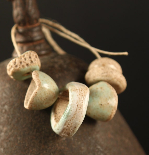 Mint Cream handmade stoneware beads pendant & bead caps (6)