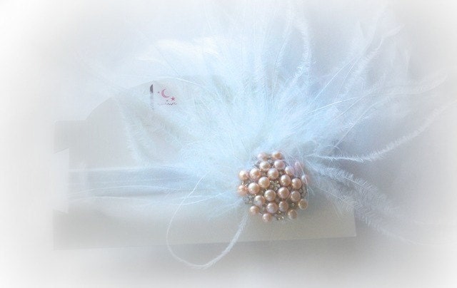 White Pink Pearl Swarovski Crystal Bling Hair Clip Elastic Headband Feathers Glam Diva Fits Ages Newborn through Adults