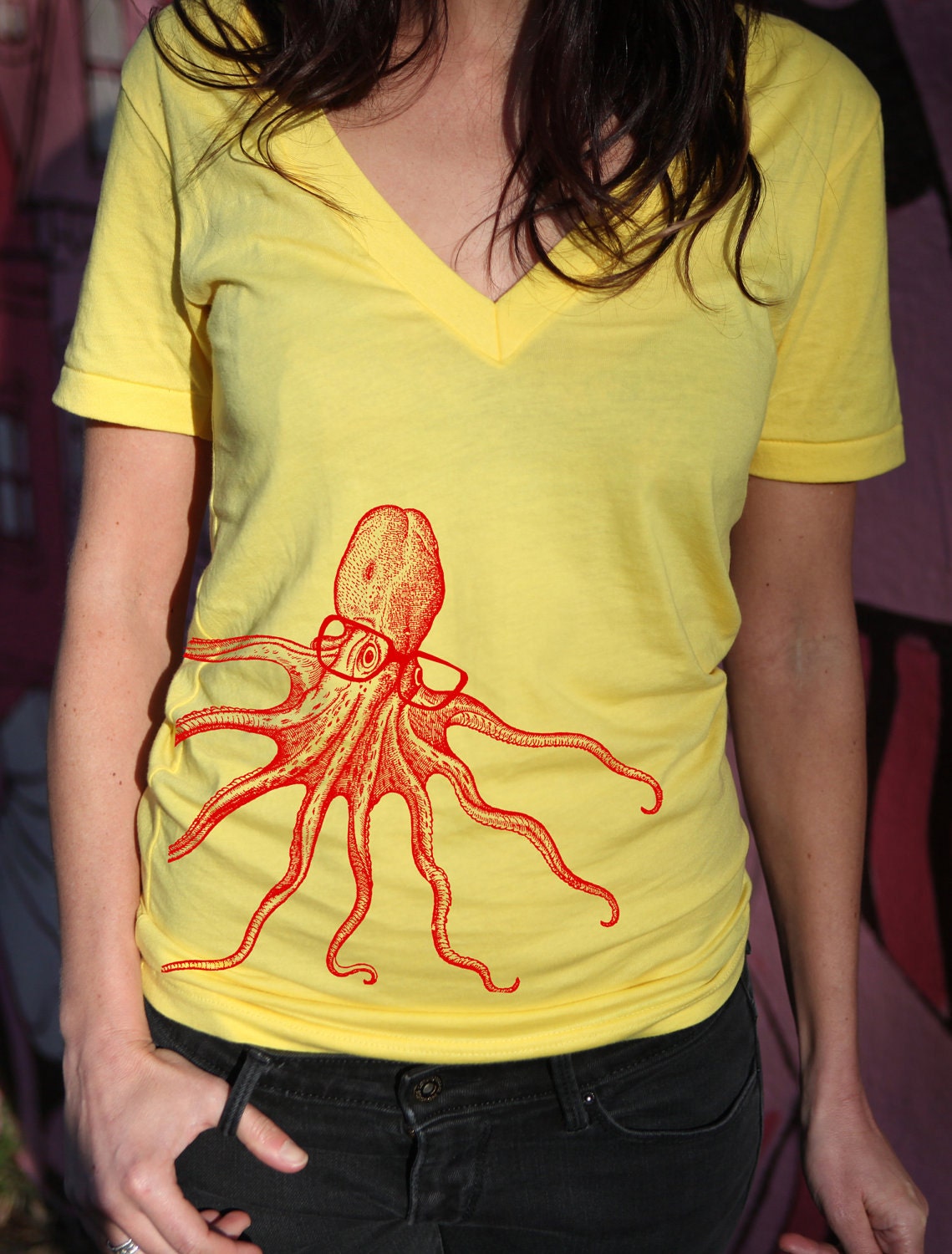 Octopus wearing glasses- Womens Deep V Neck, american apparel sunshine yellow t shirt, XXS -L  WorldWide Shipping