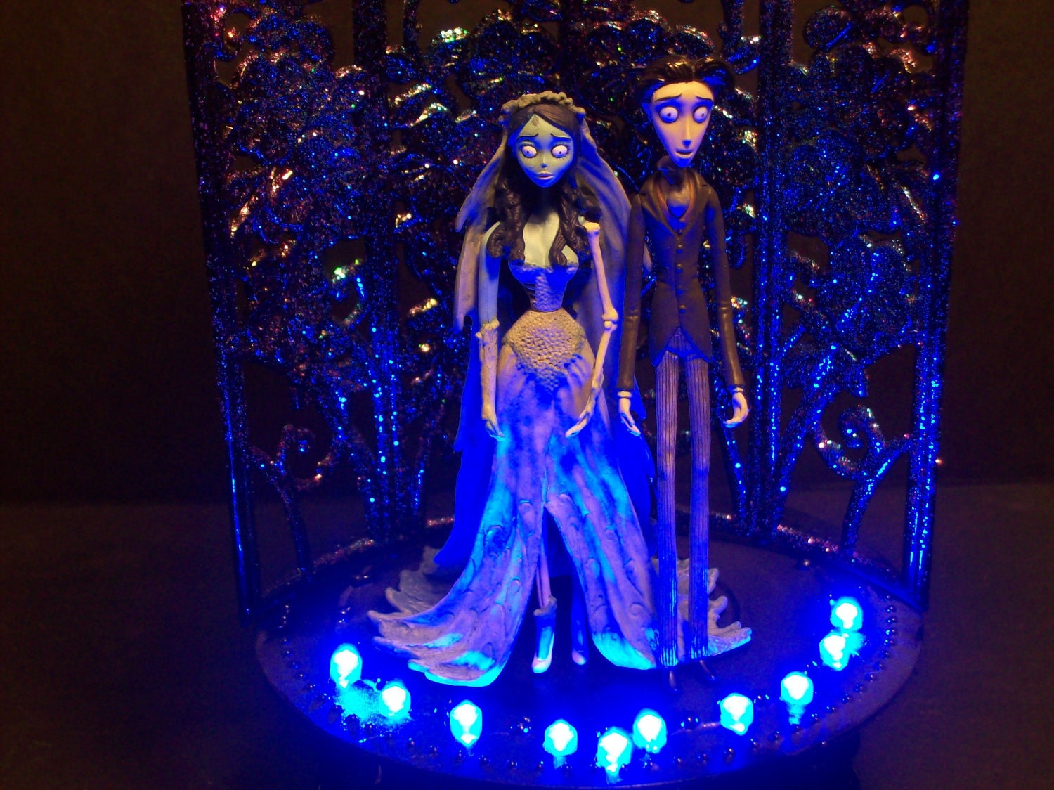 Corpse Bride & Victor Wedding Cake Topper BLUE GOTHIC LIGHTS