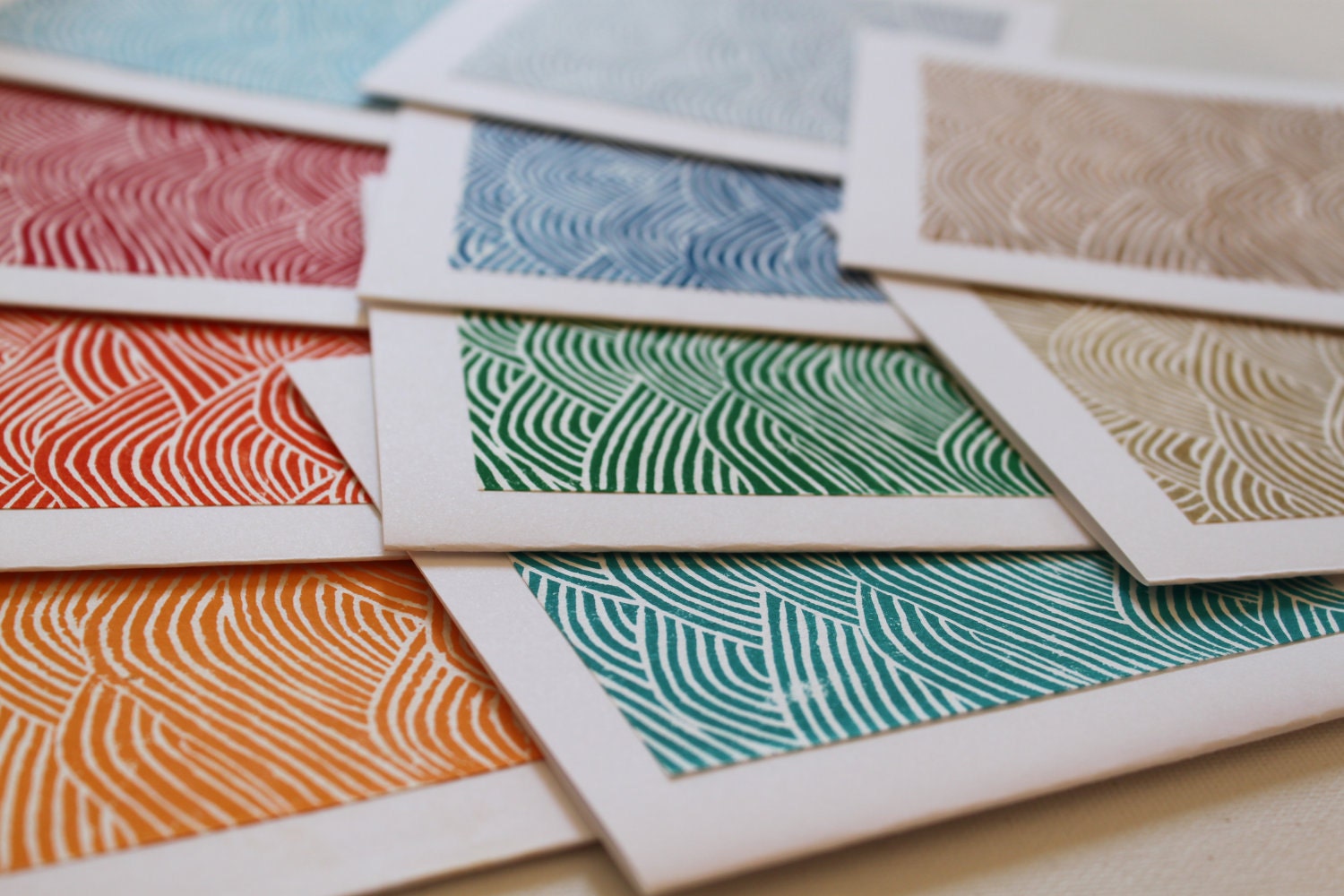 Yuzen Waves Hand Pulled Lino Block Cards - Set of 10