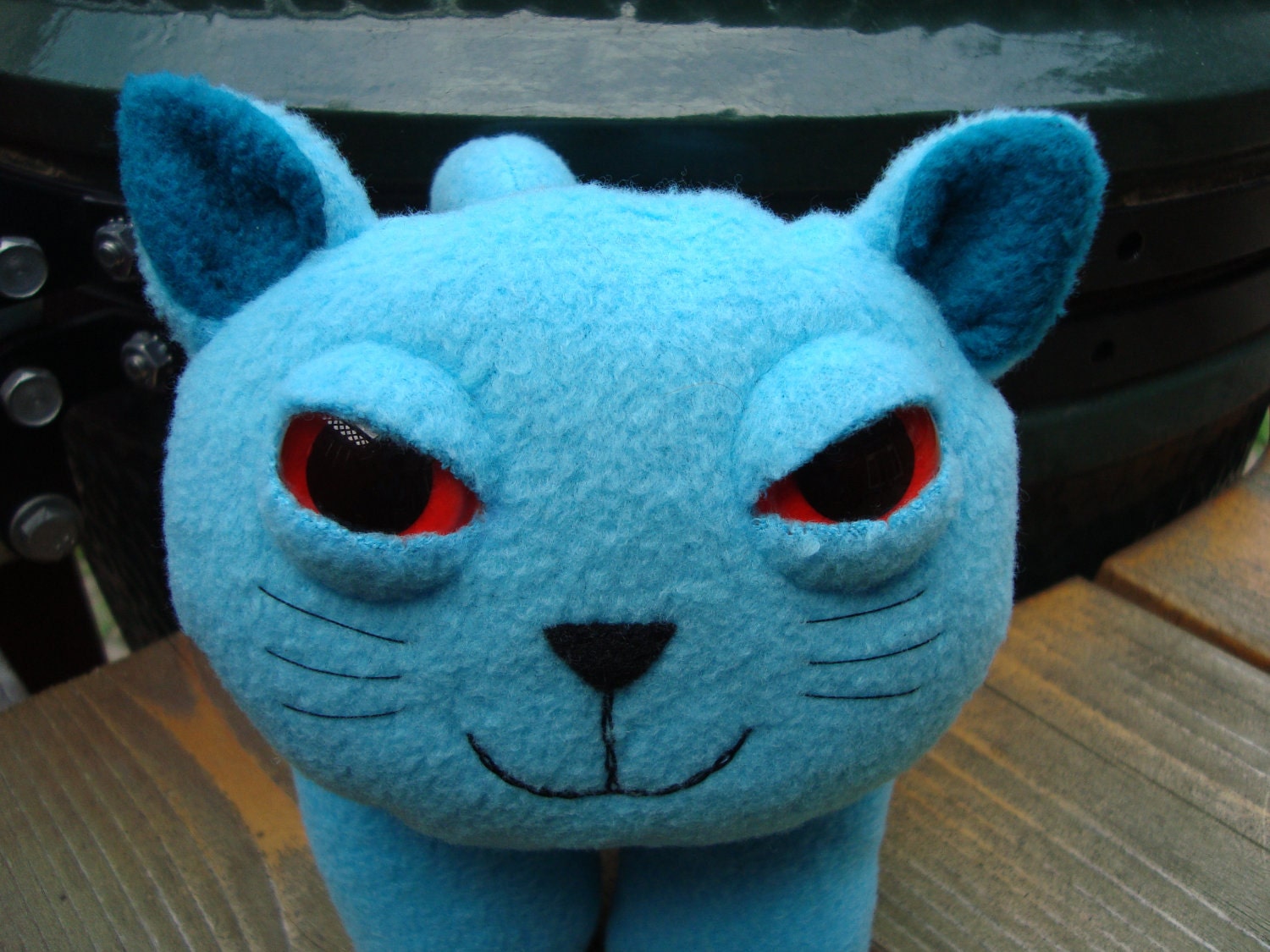 Stuffed animal plush kitty cat red eyes and aqua fleece - Buttons