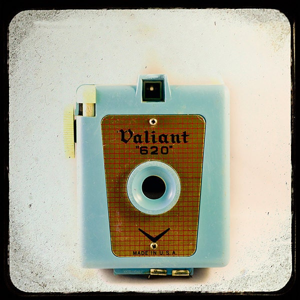 Vintage Camera Photography- retro feel- Camera Love No. 5-   teal and creme TTV photograph of a vintage Valiant 620 camera- 8x8