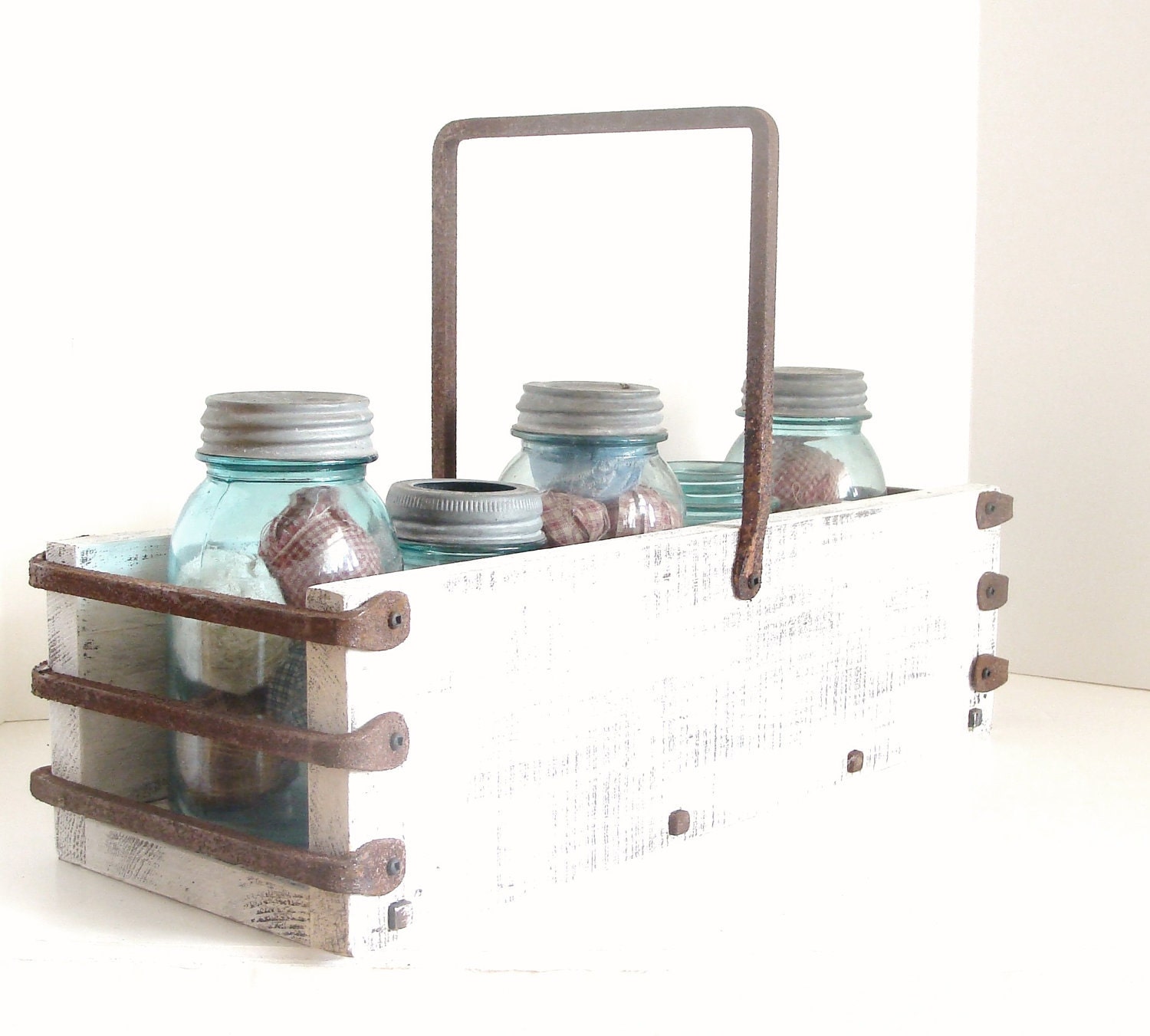 Caddy. Tray. Industrial. Cottage. Weddings. Rustic. White. Iron Handles