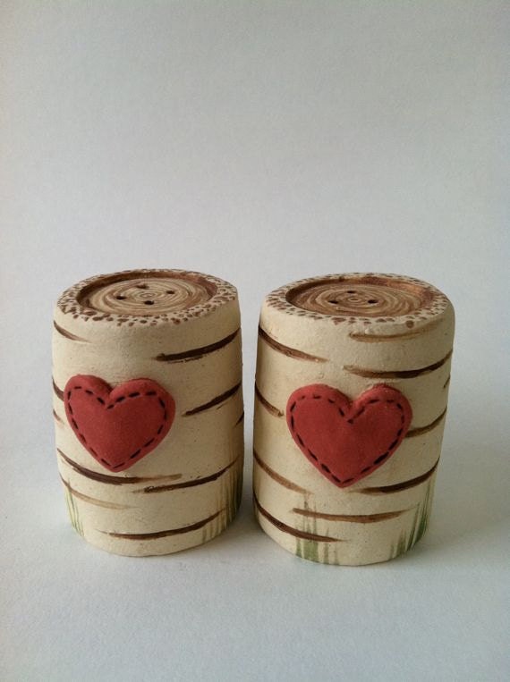 Birch Wood and Heart Salt and Pepper Shakers