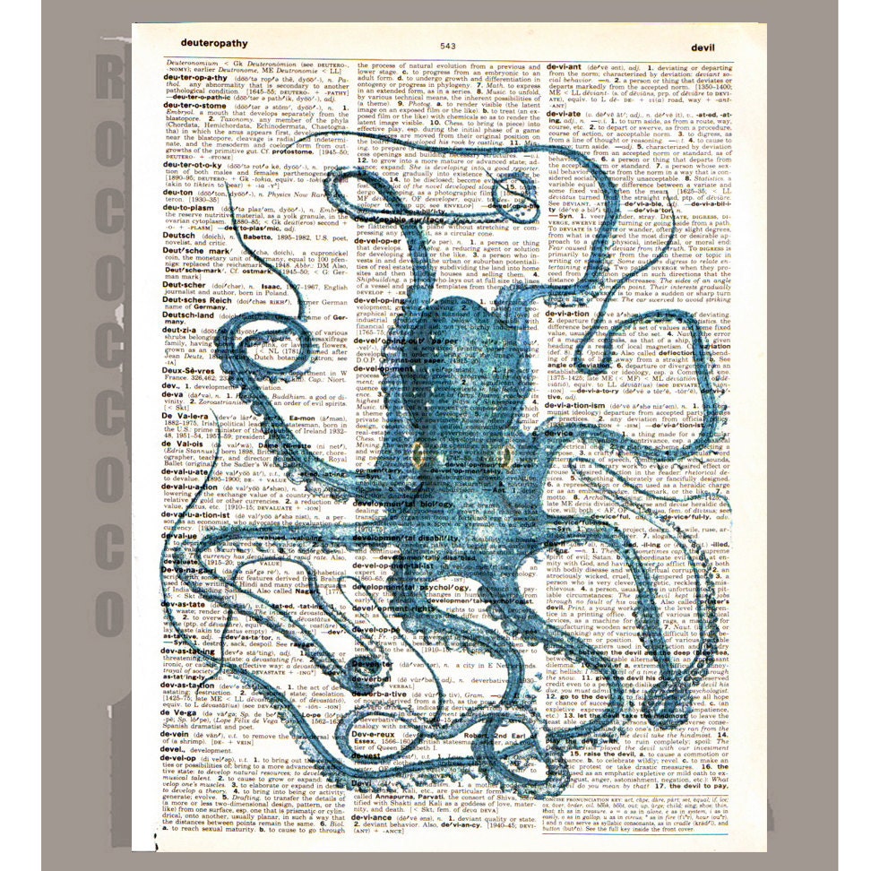 Antique OCTOPUS - ARTWORK printed on Repurposed Vintage Dictionary page8 x11"- FREE Domestic Shipping