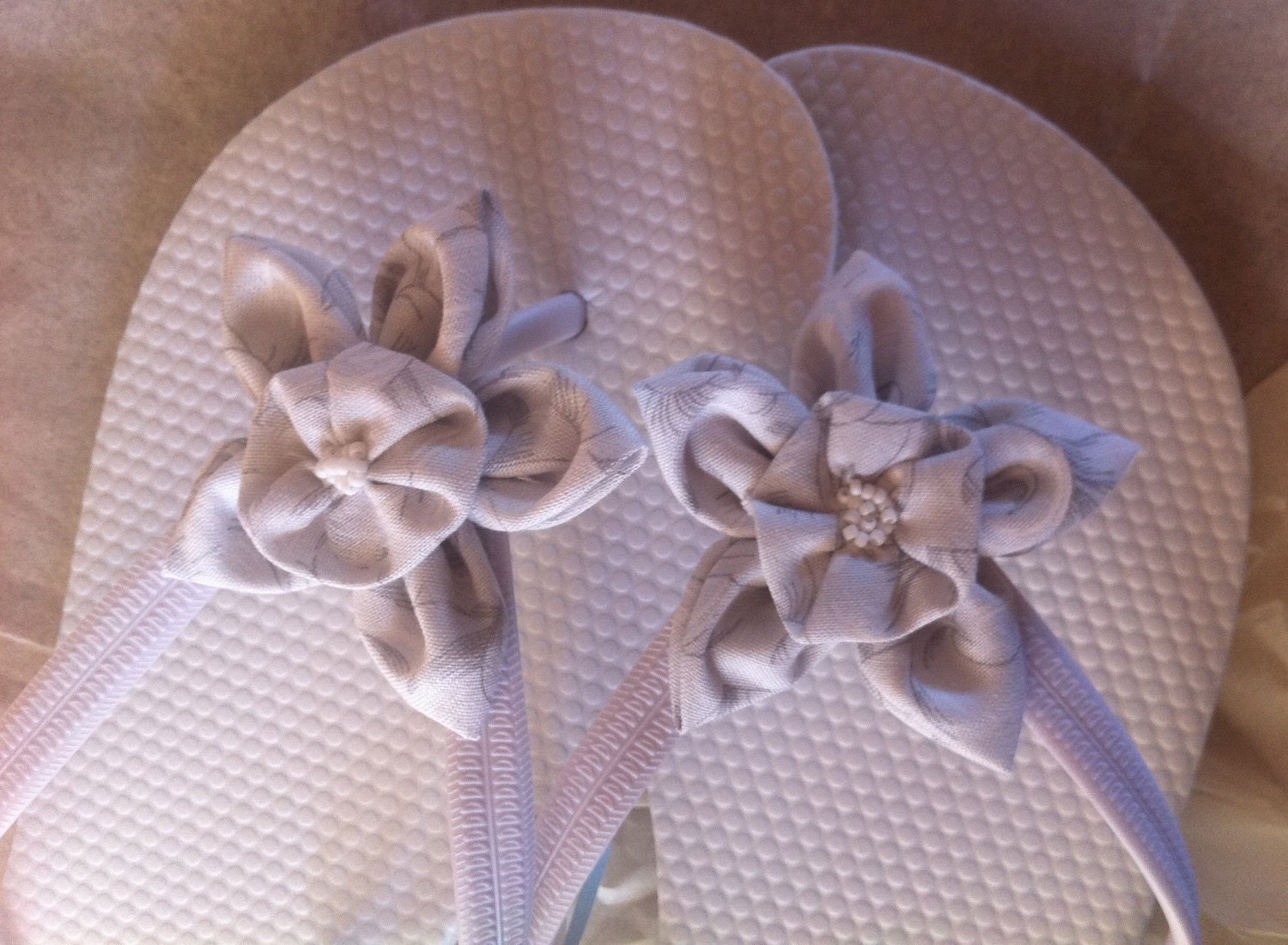 Women's White Flip Flops with Fabric Flowers