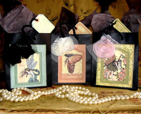 Fairies Gift Bag Set of Three with Fabric Flowers, & Matching Tags