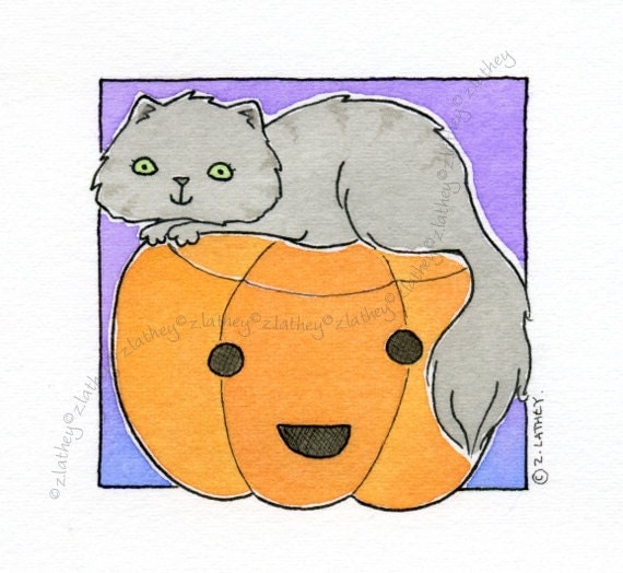 Pumpkin Head Kitty Cat - Original Watercolour