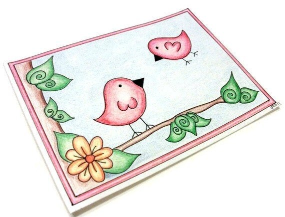 Original Drawing, Pink Birds, 5" x 7"