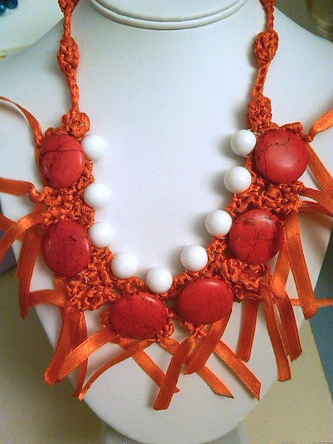 Tangerine Twist/ Crocheted Ribbon Necklace with White Shell and Coral Howlite